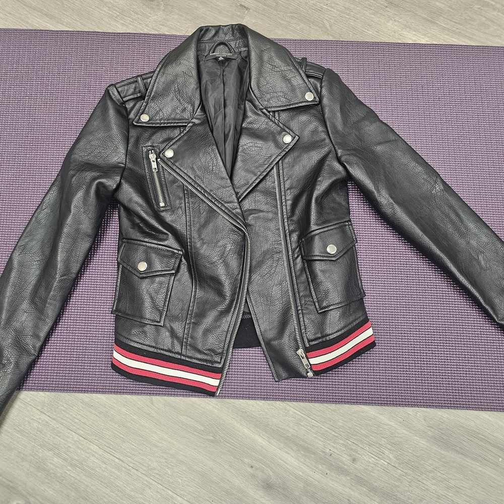 Romeo & Juliet Couture Black Leather Jacket with Red Accents